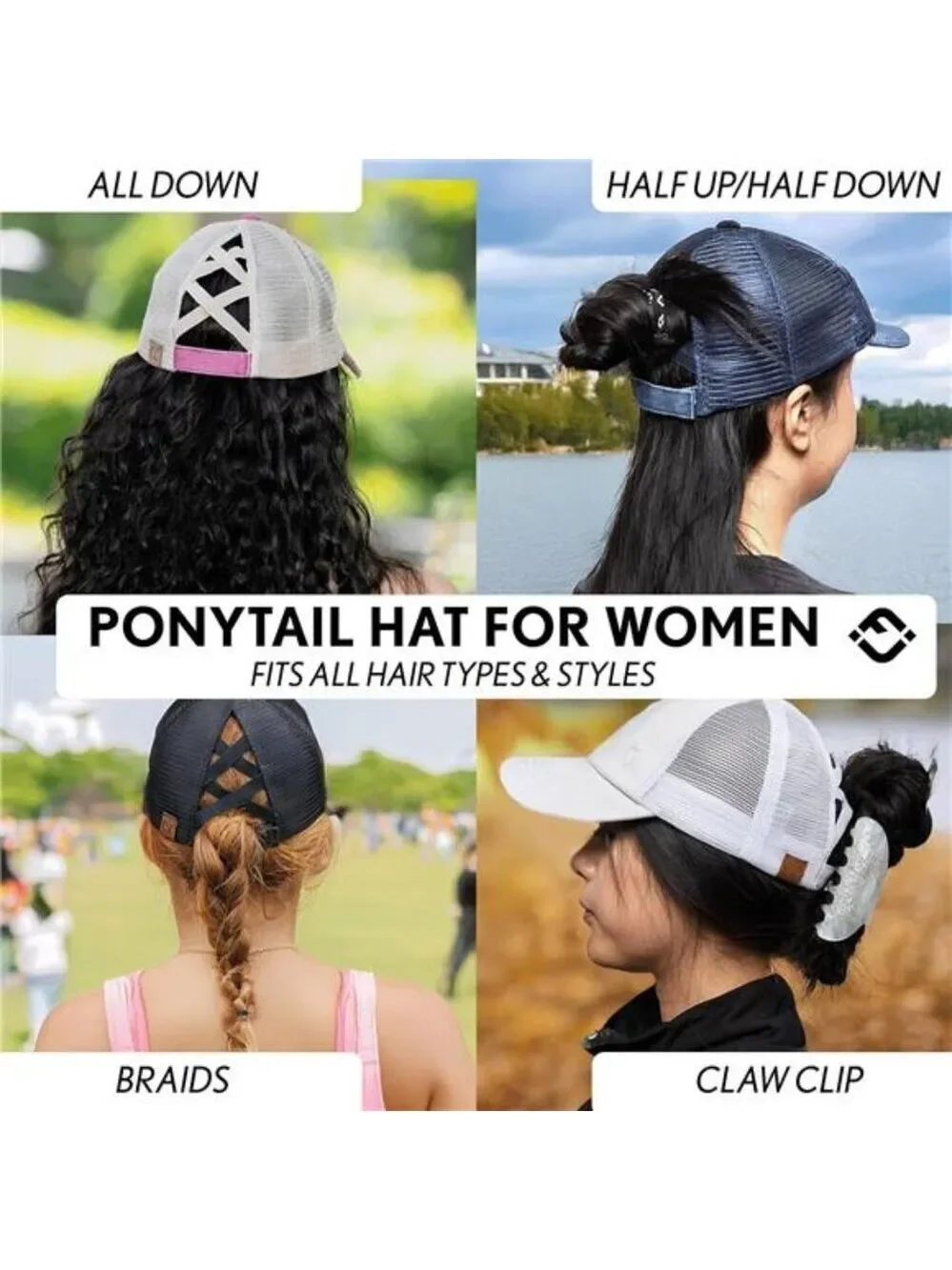 Womens Ponytail Baseball Cap Adjustable Hat High Bun Messy Bun Criss Cross Back